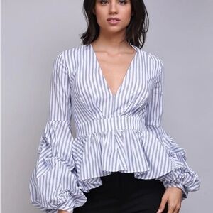 DO+BE White and Blue Stripe V-Neck Puff Sleeve Ruffled Blouse Size Medium Preppy